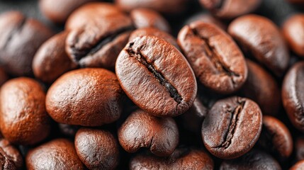 Naklejka premium Close-up of roasted coffee beans, showcasing texture and rich color.