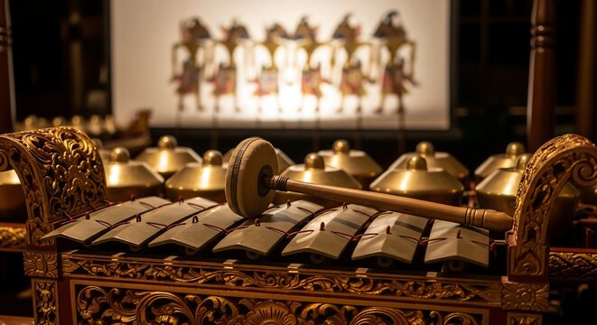 Gamelan instrument details with wayang puppets softly blurred