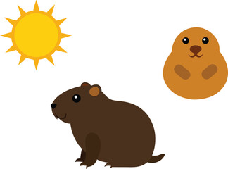 Fototapeta premium Groundhog day celebration vector illustration with sun and two groundhogs scalable eps icon vector