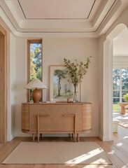 Elegant and Bright Entryway Interior with Modern Wooden Console Table, Minimalist Decor, and Abundant Natural Light