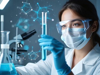 Scientist in protective gear conducts chemical experiment with molecular structures overlay