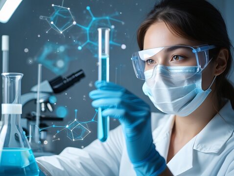 Scientist in protective gear conducts chemical experiment with molecular structures overlay