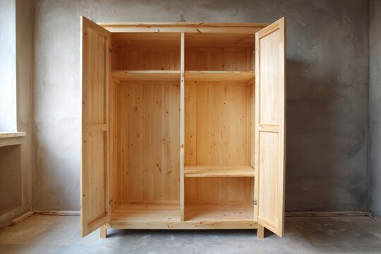 Empty light-colored wooden wardrobe against a light beige wall