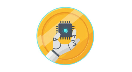 Robot Hand Holding Microchip on Gold Coin - AI and Cryptocurrency Concept.