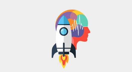 Rocket Launching from Human Head Representing Innovation and Brainpower.