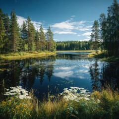 Fototapeta premium Serene lake reflecting a summer sky (1)