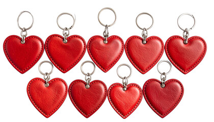Assortment of Heart-Shaped Red Leather Keychains, PNG Isolated