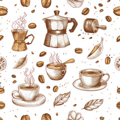Seamless Coffee Pattern. Modern Coffee Beans and Cup Seamless Design. Minimalist Coffee Pattern for Packaging and Branding