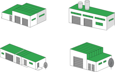 Isometric vector illustrations of industrial buildings, warehouses, factories, and commercial garages for business, logistics, and real estate