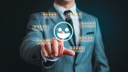 Customer service excellence with glowing reviews and happy faces