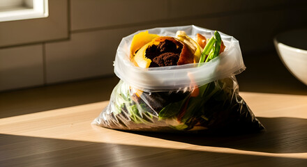 Compostable Waste Bag Situated On A Rustic Wooden Kitchen Countertop Under Bright Sunlight