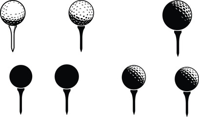 Set of golf balls on tees in different styles, silhouettes, gradients, and textures for sports design and vector illustration