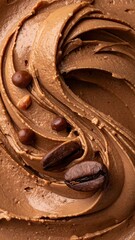 Close-up of swirled, rich, chocolatey gelato or ice cream, adorned with coffee beans