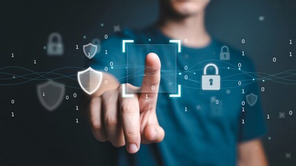 Digital security scan with fingerprint and data protection icons