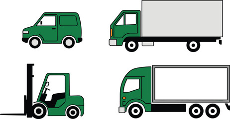 Logistics vehicle illustration set, green transport icons, forklift, van, box truck, semi-truck, supply chain, cargo delivery design