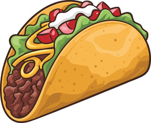Cartoon Taco Illustration, Mexican Food Clipart, Colorful Snack Drawing, Tasty Fast Food Art, Crunchy Shell with Beef and Cheese