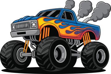 Cartoon Monster Truck Illustration, Off-Road Vehicle Clipart, Flame Painted Truck Art, Powerful Automotive Graphic for Racing and Entertainment © Ashik Creatives