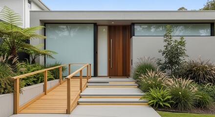 A sleek modern home entrance features a wooden ramp, premium materials, and lush greenery, blending accessibility with minimalist design for real estate appeal.