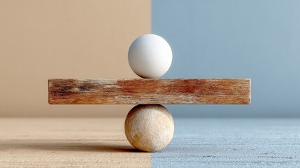 Perfectly balanced spheres on weathered wooden beam symbolize harmony, stability, and delicate equilibrium in concept design