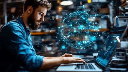 Focused programmer working on laptop in a tech workspace, with holographic data sphere overlay - Powered by Adobe
