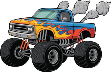 Cartoon Monster Truck Illustration, Gradient Flame Paint Design, Oversized Tires Clipart, Retro Grille Vehicle Art for Racing Themes © Ashik Creatives