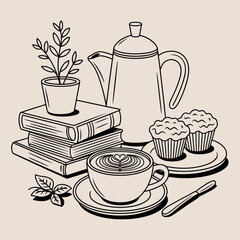 Cozy line art illustration of a coffee or tea cup with steam