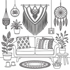 Bohemian macrame wall hanging line art for home decor