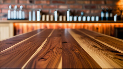 kitchen Crafted Wood Table with Blurred Bar Background