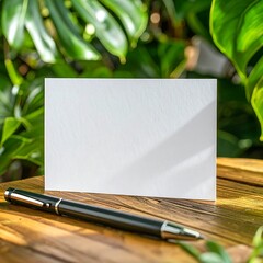 Blank card on wooden table with greenery (1)