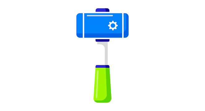 Smartphone on a selfie stick with a gear icon on the screen.