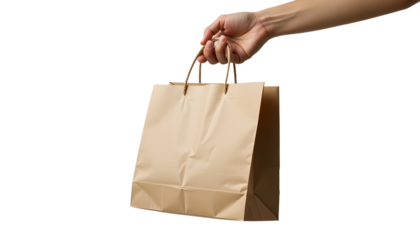 Hand holding paper bag, isolated, brown, shopping, eco friendly, minimal style, transparency