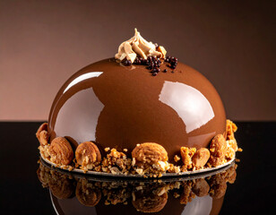 Chocolate mousse cake dome with mirror glaze, macro detail, spotlight reflection