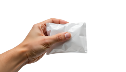 Hand gripping white packet, isolated, blank packaging, product mockup, studio, closeup, neutral