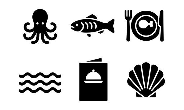 Marine icon set featuring octopus, fish, waves, and shell illustrations for nautical themes