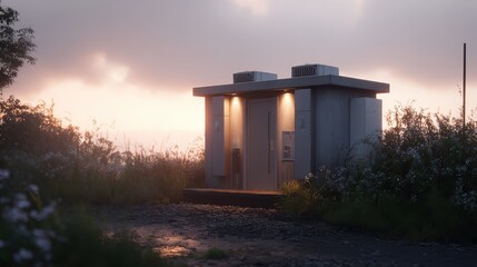 Fototapeta premium Modern Structure in Nature Amidst Tranquil Foggy Surroundings