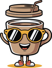 Coffee logo with muscular coffee cup made of beans, flexing arms, clipboard, and steam, symbolizing energy, strength, branding, and health