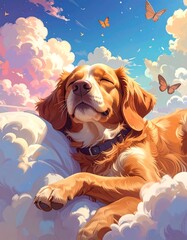 Dog resting on clouds, serene sky