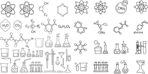 Collection of Chemistry and Science Icons Featuring Molecular Structures and Laboratory Equipment
