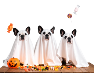  Spooky Cute Bulldog Ghost Trio with Floating Candy and Halloween Quote PNG