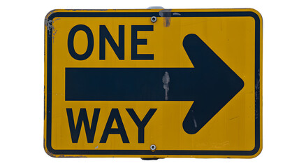 A slightly weathered yellow one way sign with a dark blue arrow pointing to the right direction ahead