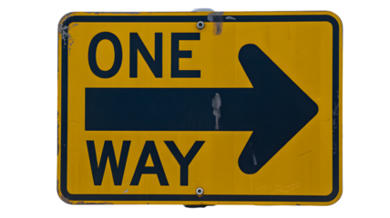 A slightly weathered yellow one way sign with a dark blue arrow pointing to the right direction ahead