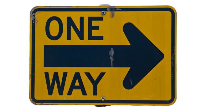 A slightly weathered yellow one way sign with a dark blue arrow pointing to the right direction ahead