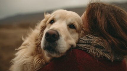 Woman hugs golden retriever outdoors