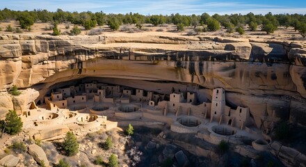 Ancient Cliff Dwellings nestled within the sandstone cliffs, Mesa Verde
