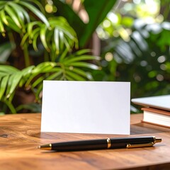Blank card on wooden table with greenery background