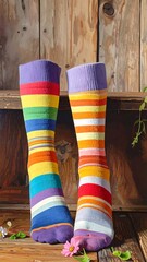 Colorful striped socks on wooden steps