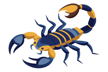 Stylized scorpion with gold stripes and blue pincers stands out on a white field