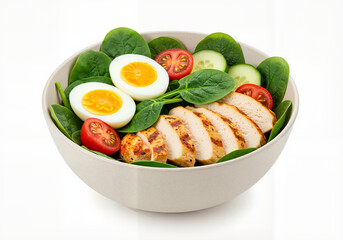 Spinach salad with chicken breast, boiled eggs, cucumber and tomatoes — healthy athlete food