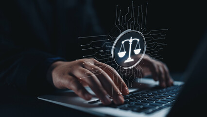 Futuristic digital law interface displaying justice scale, highlighting digital law, AI compliance,...