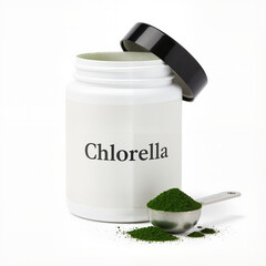 Chlorella powder jar with measuring scoop isolated on white